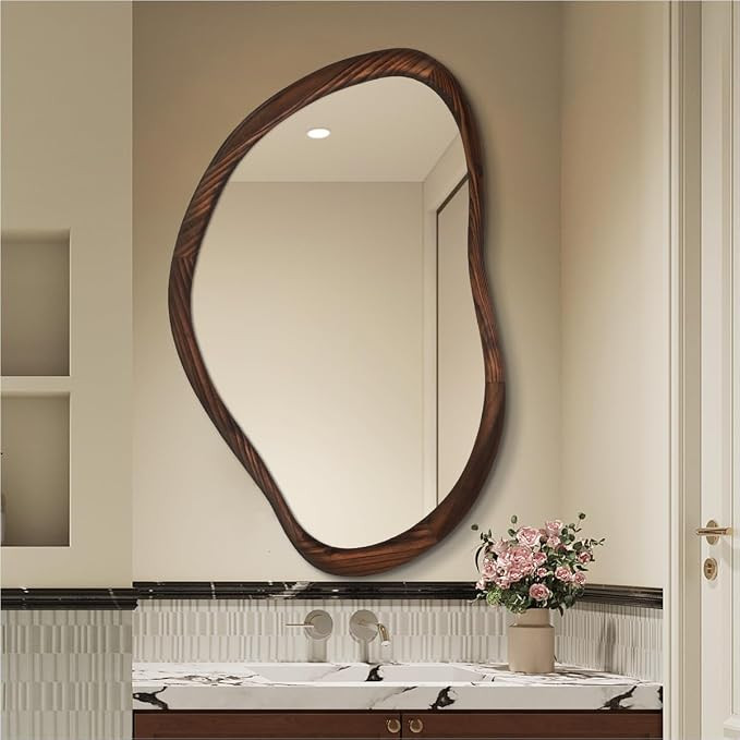 24"x36" Asymmetrical Wood Bathroom Mirror, Dark Walnut | Irregular Wall Mirror, Rustic Farmhouse ... | Amazon (US)