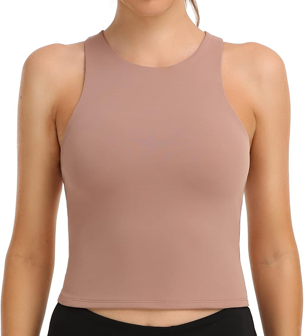 Colorfulkoala Women's High Neck Tank Tops Body Contour Sleeveless Crop Double Lined Yoga Shirts | Amazon (US)