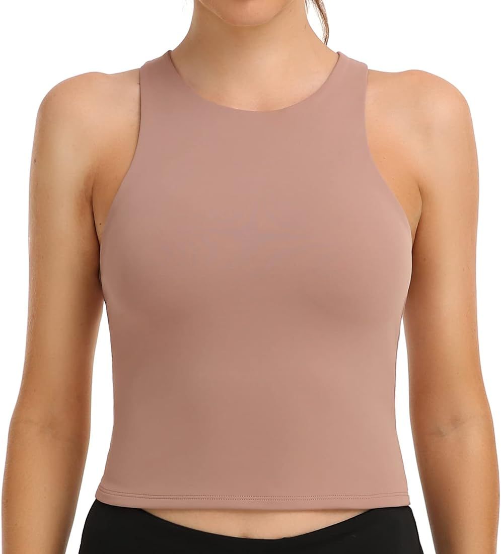Colorfulkoala Women's High Neck Tank Tops Body Contour Sleeveless Crop Double Lined Yoga Shirts | Amazon (US)