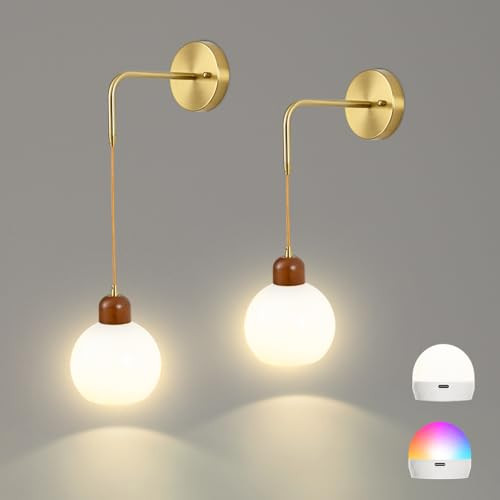 Juego de 2 apliques de pared con pilas, luces de pared inalámbricas recargables doradas con pant... | Amazon (US)