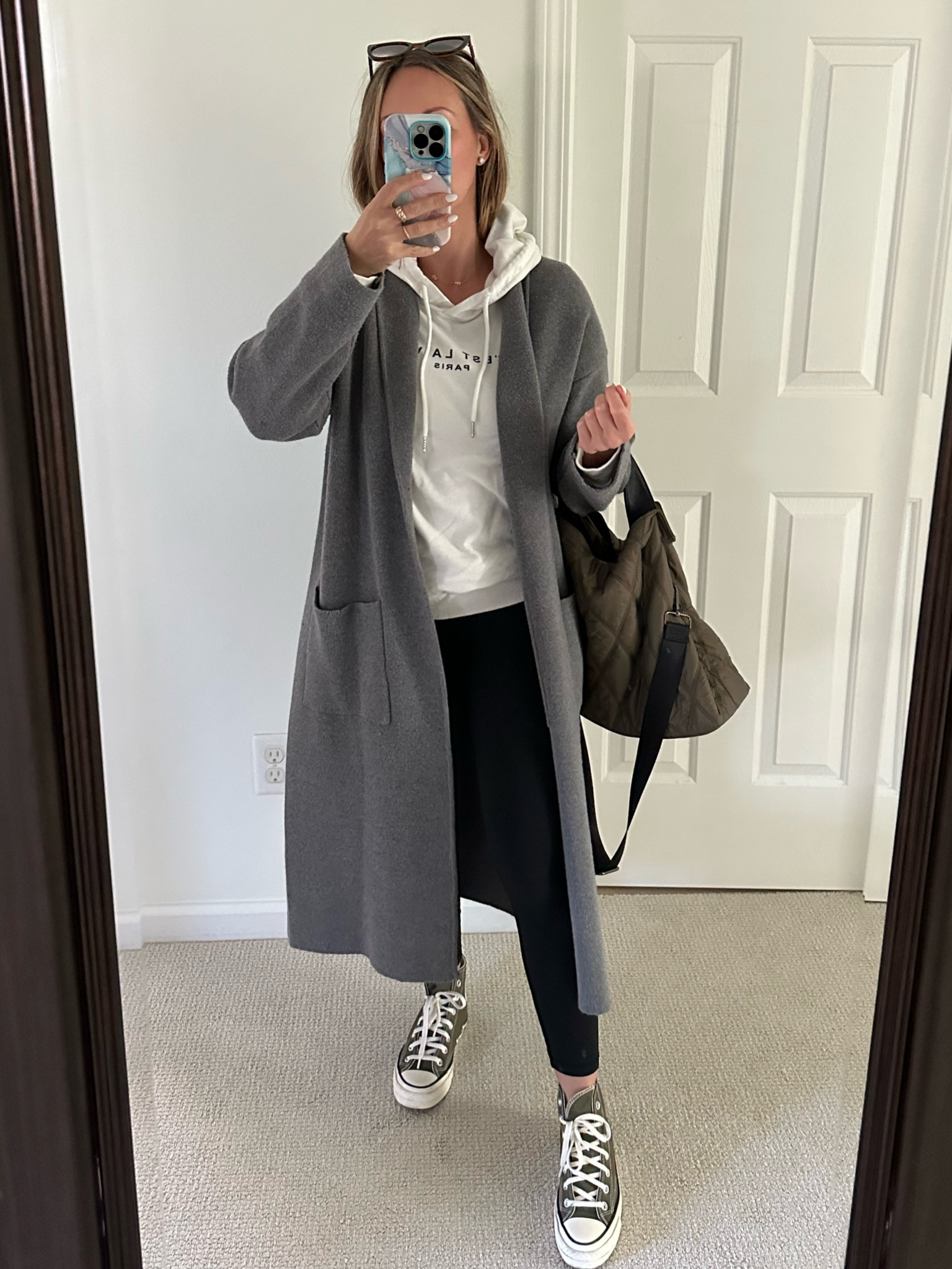 Errands outfit coatigan white hoodie vest leggings converse sneakers high tops tote bag mom style casual style airport outfit large tote 