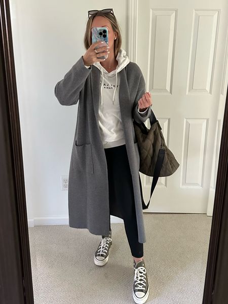 Errands outfit coatigan white hoodie vest leggings converse sneakers high tops tote bag mom style casual style airport outfit large tote 