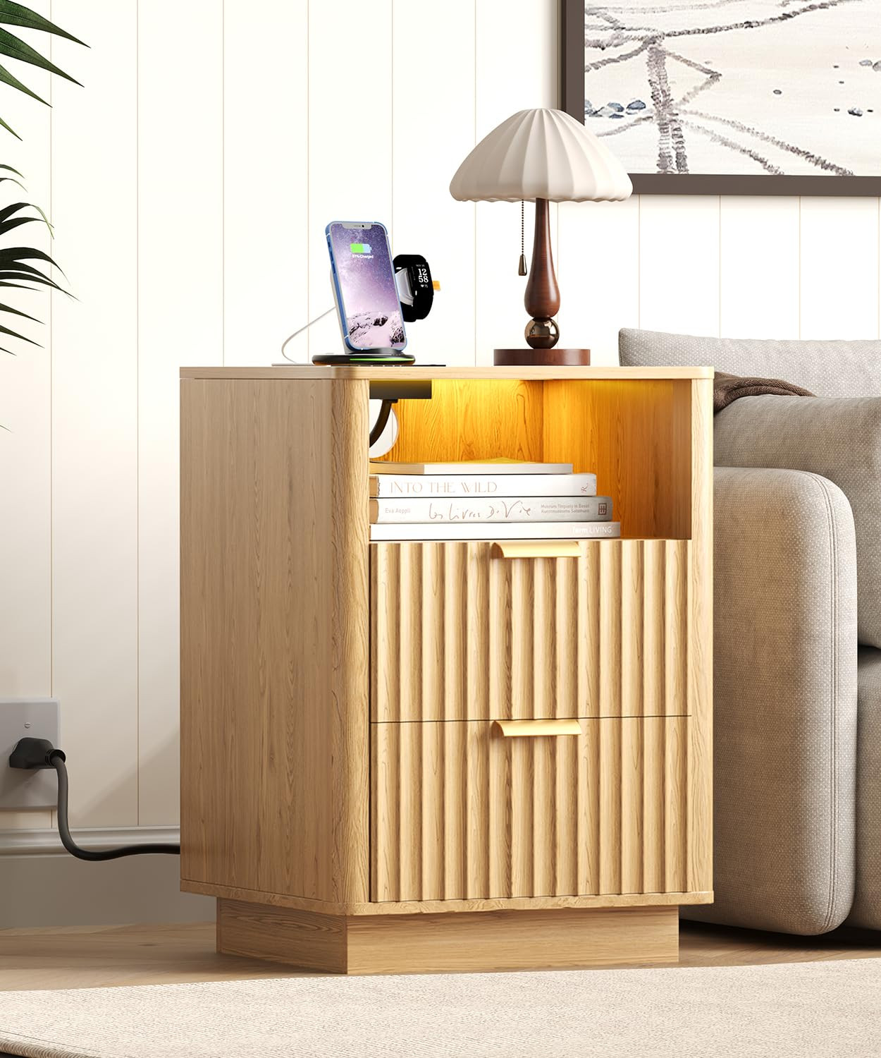 Fluted Nightstand with Charging Station, 15" Wide End Table with Storage Drawers, LED Light & Gla... | Amazon (US)