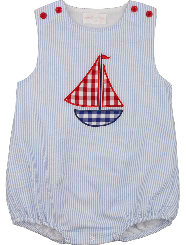 Blue Seersucker Applique Sailboat Bubble | Cecil and Lou