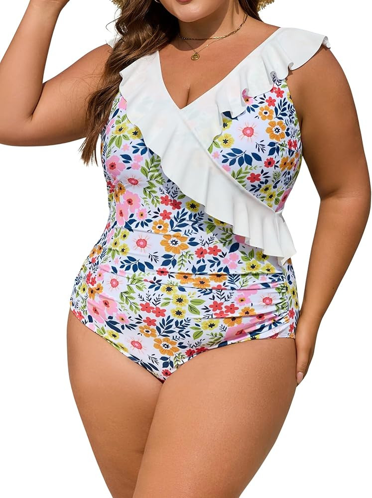 Eomenie One Piece Plus Size Tummy Control Swimsuit for Women Slimming Bathing Suits Ruffle V Neck... | Amazon (US)