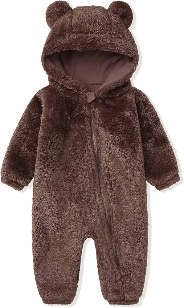 Newborn Baby Snowsuit Fleece Lined Onesie Jumpsuit Warm Hooded Romper for Infant | Amazon (US)