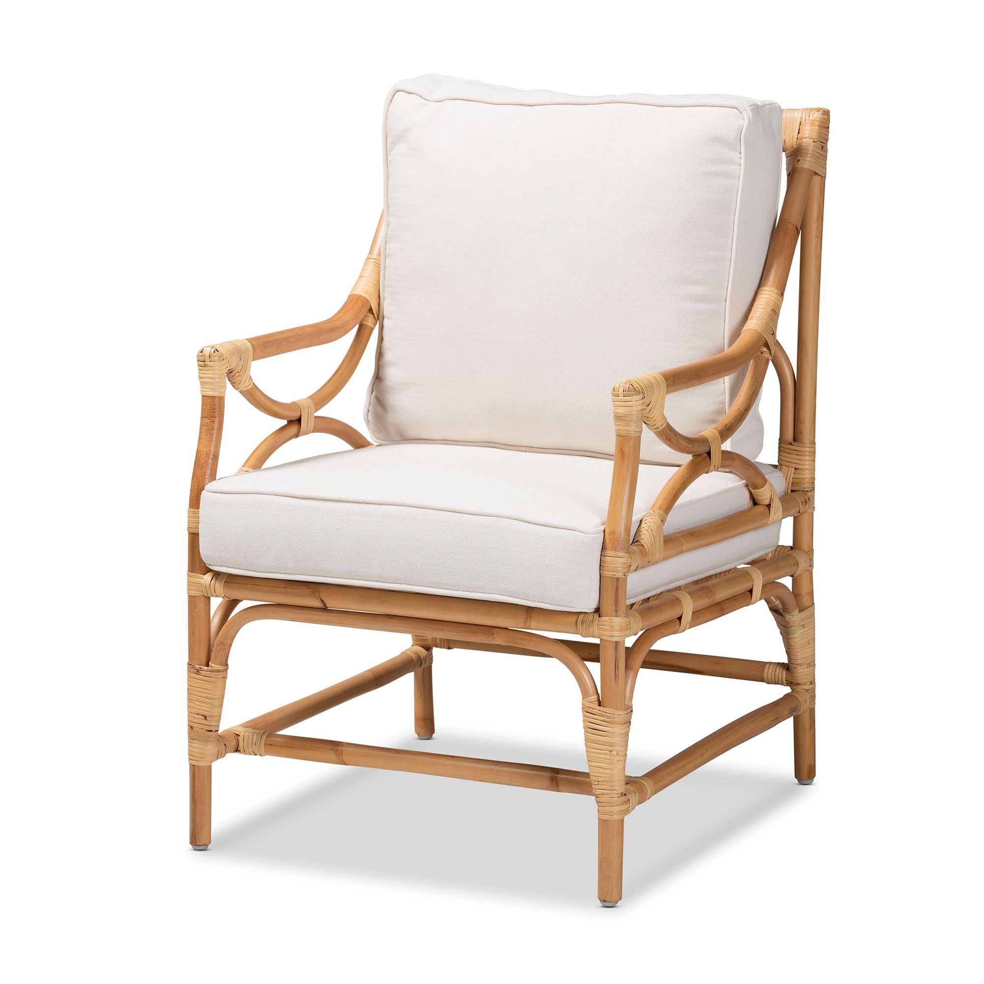bali & pari Brandon Modern Bohemian White Fabric Upholstered and Natural Brown Rattan Armchair - ... | Walmart (US)