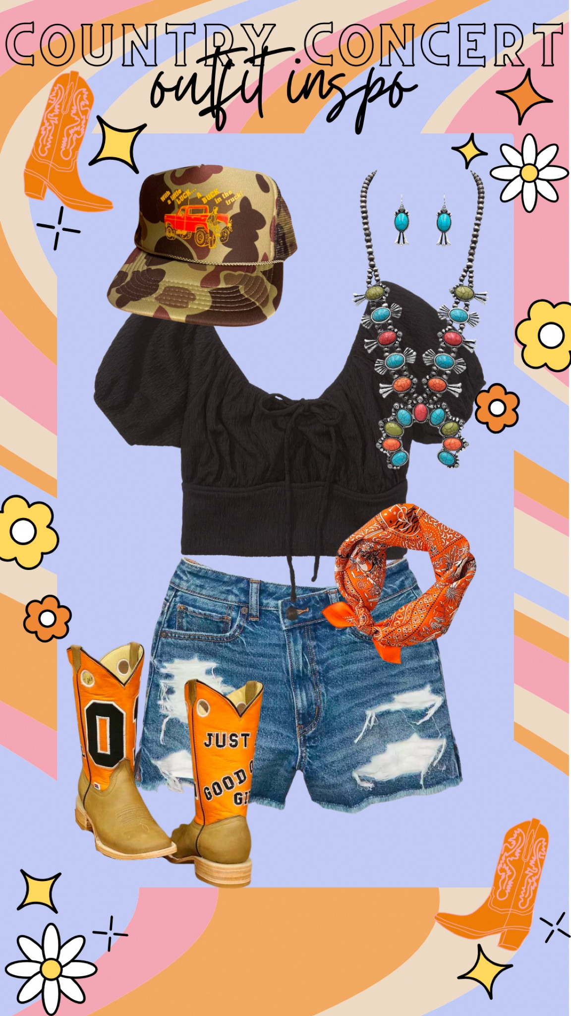 So ready for HARDY in June 🫶🏻 I am really into layering bandanas and statement necklaces! It’s a super cute way to elevate a casual fit. If you aren’t really in to redneck chic (lol) I tagged some other accessories/boots down below to switch up the vibe!

#countryconcert
#carolinacountrymusicfestival
#carolinacountrymusicfest
#hardyconcert
#saylor
#brightcountryoutfit
#summercountryconcert