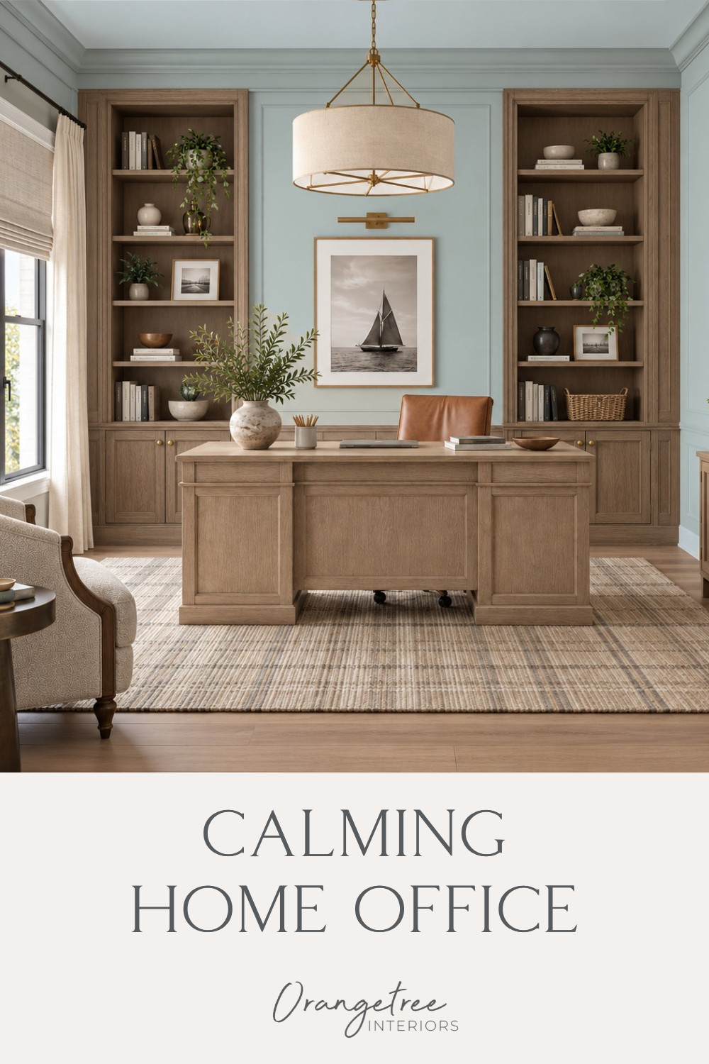 A calming home office designed to feel polished, productive and peaceful. Soft blue-gray walls pair with warm wood built-ins, a substantial wood desk, tailored plaid rug and classic brass lighting for a workspace that feels sophisticated without being overly formal. Natural textures, comfortable seating and coastal-inspired artwork add warmth while creating an inviting place to work and focus. Shop the furniture, lighting, rug, window treatments, artwork and home office decor used to create this look.

#affiliate #HomeOffice #HomeOfficeIdeas #CalmingHomeOffice #HomeOfficeDesign #CoastalHomeOffice #WorkFromHomeOffice 

 #LTKHome