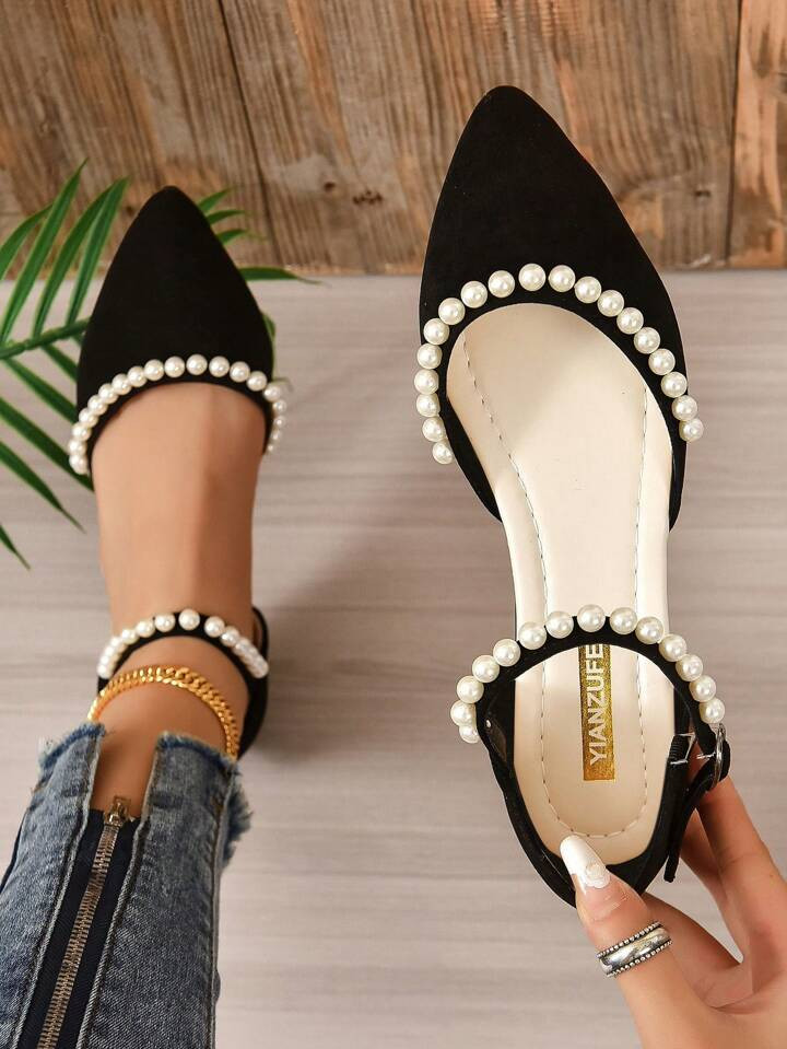 Women Faux Pearl Decor Point Toe Ankle Strap Flats, Fashion Outdoor Faux Suede Flats | SHEIN