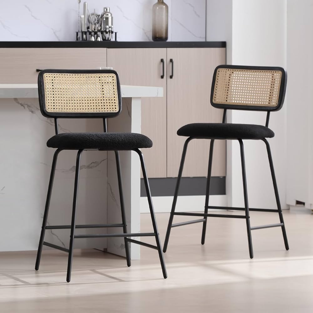 Rattan Counter Height Bar Stools, 26'' Modern Boucle Counter Stools with Cane Back, Wicker Counte... | Amazon (US)