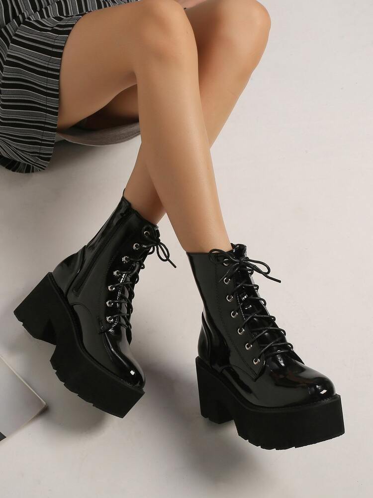 New
     
      Zipper Side Lace-up Front Wedge Boots | SHEIN
