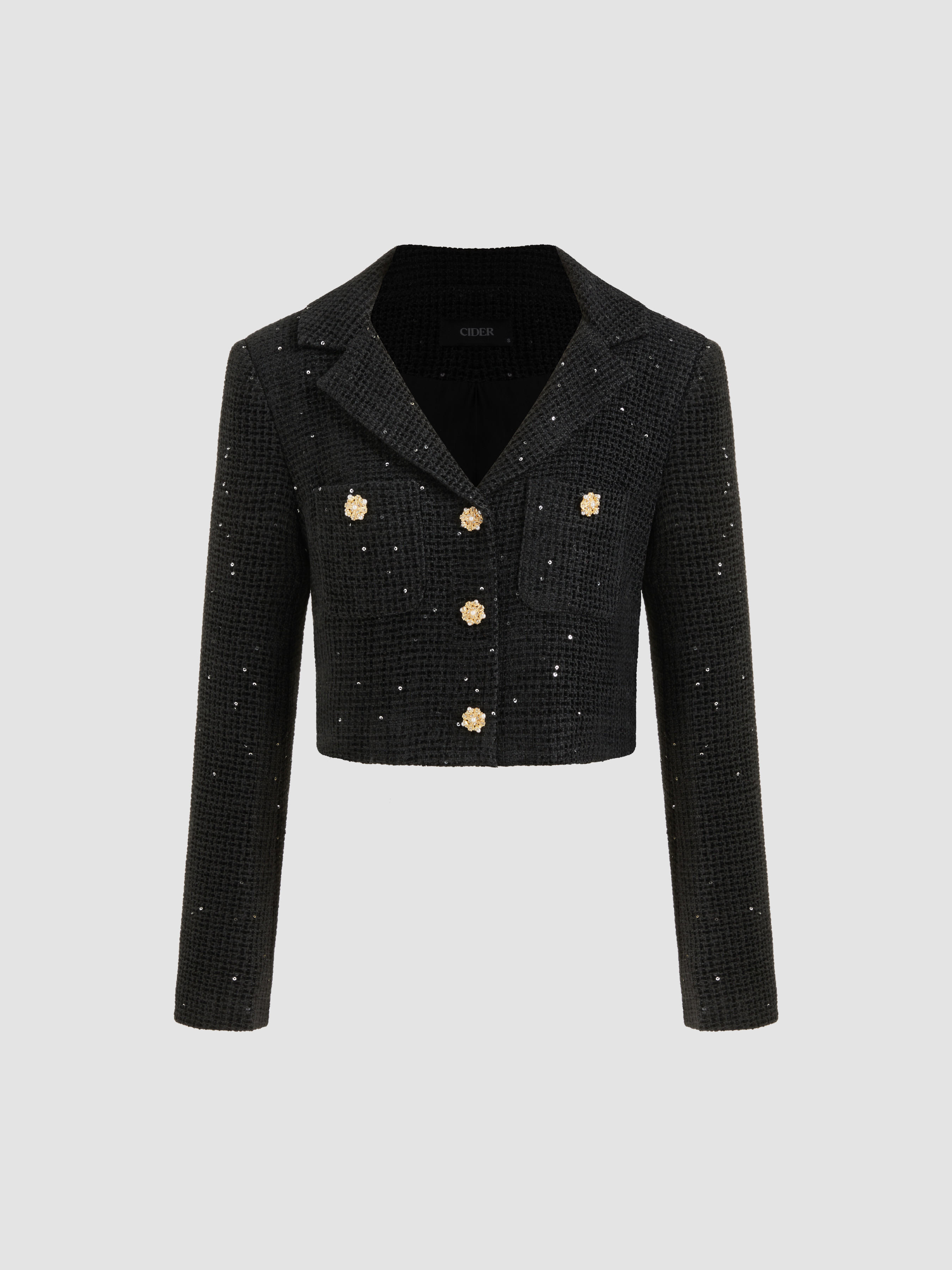 Tweed Tweed Collar Pearl Button Sequin Pocket Blazer For Work | Cider