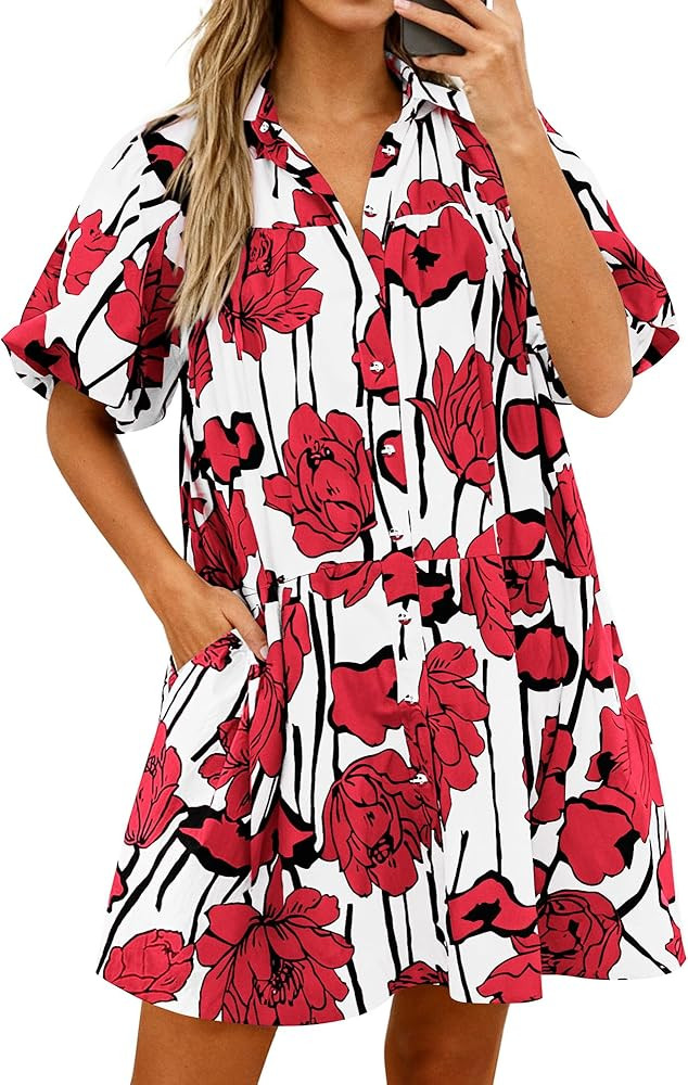 PRETTYGARDEN Womens Summer Dresses 2026 Casual Puff Sleeve Button Down Mini Shirt Dress Boho Flor... | Amazon (US)