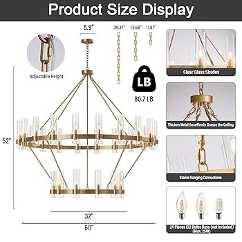 Wagon Wheel Chandelier, 30 Light Gold Round Chandelier with Glass Shade,60 Inch Large Round Indus... | Amazon (US)