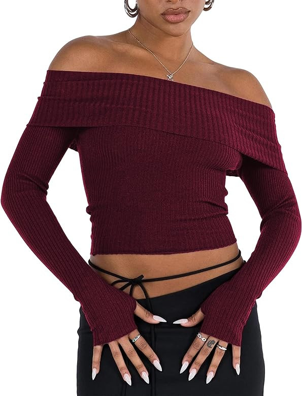 PICPUNMAK Women Basic Fitted Long Sleeve Off Shoulder Crop Tee Top with Thumb Hole Rib Knit Sweater Crop Shirt Pullover Tops | Amazon (US)