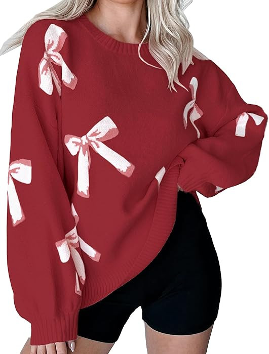 Womens Oversized Cute Bow Tie Sweater Fall 2024 Cozy Chunky Ribbed Knit Crewneck Long Sleeve Pull... | Amazon (US)