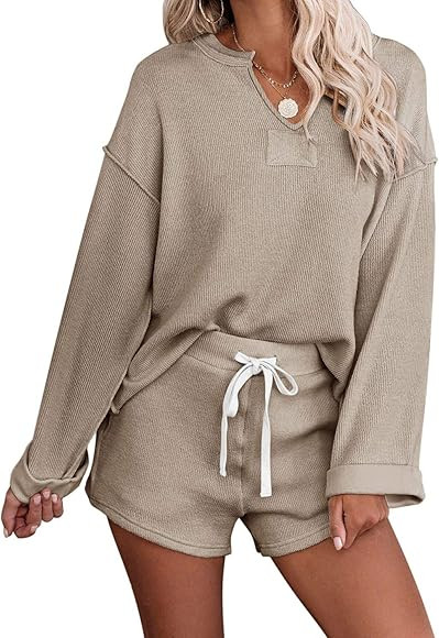 Adreamly Women V Neck Off Shoulder Long Sleeve Tops and Shorts Pajama Set Knit Pullover 2 Piece L... | Amazon (US)