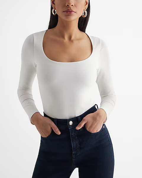 Body Contour Stretch Cotton Scoop Neck Long Sleeve Bodysuit | Express