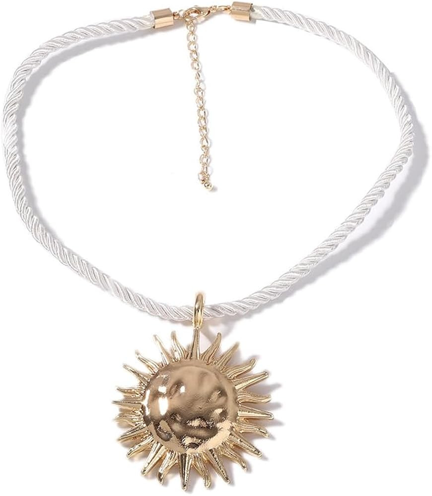 Dtja Large Sun Pendant Necklace for Women Gold Plated Handmade Boho Hammered Sunflower Rope Chain... | Amazon (US)