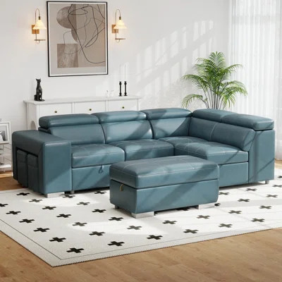 104" L Shape Sectional Sleeper Sofa 2 in 1 Convertible Sleeper Sofa With Pull Out Bed And 2 Stools | Wayfair North America
