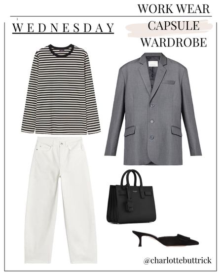 Capsule wardrobe work - stripe top, jeans and blazer office outfit idea 

#LTKworkwear #LTKitbag #LTKshoecrush