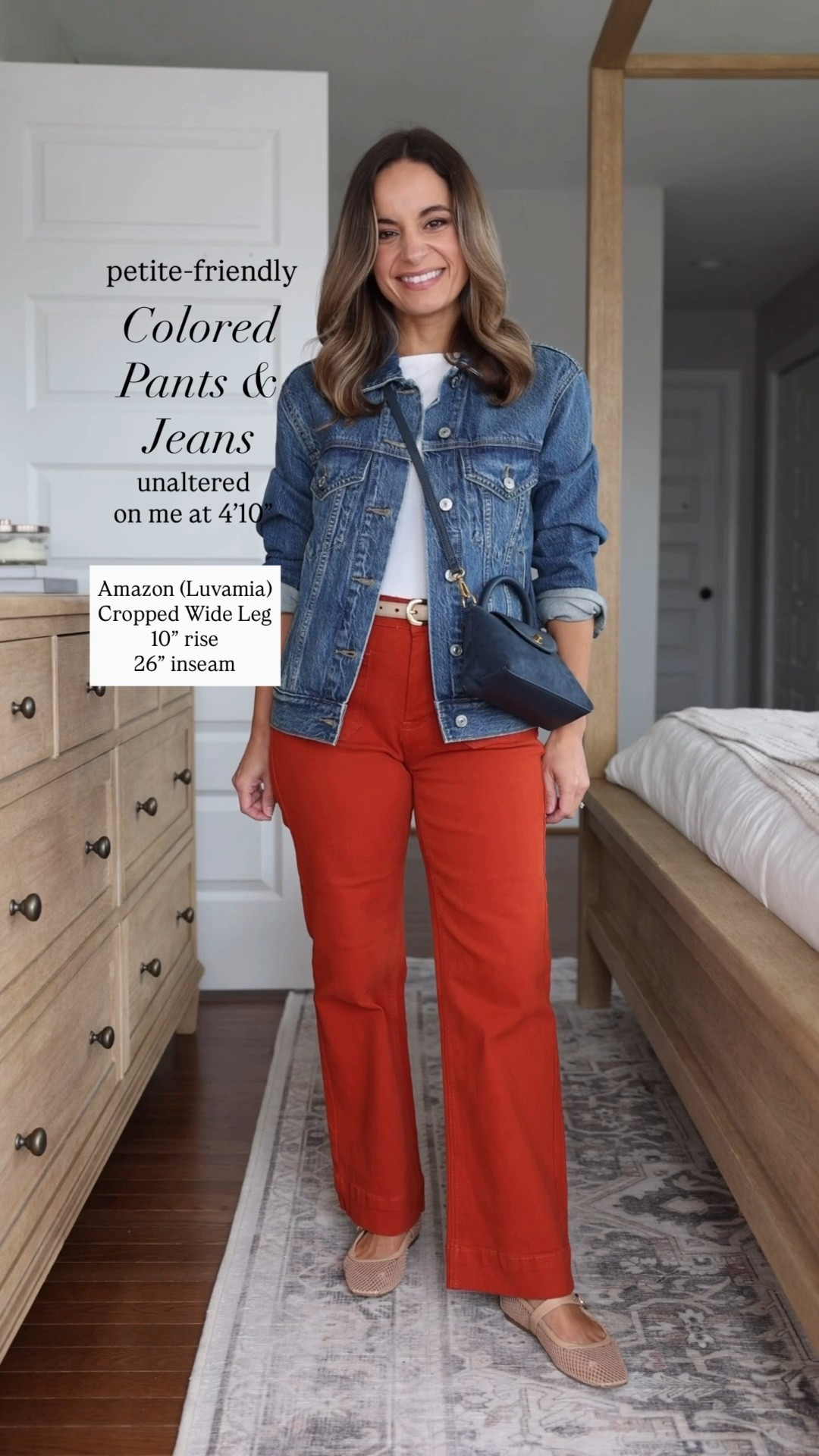 Four petite-friendly colored pants and jeans! 

Outfit 1 
Jeans (Amazon): xs /10” rise / 26” inseam (fits me well I typically wear 00/24
Top (Quince): xs 
Jacket (Abercrombie): xxs 

Outfit 2 
Pants (J.Crew Factory): petite 24 / 10” rise / 28” inseam 
Top (BR Factory): xxs 

Outfit 3 
Jeans (J.Crew): petite 24 / 10” rise / 28.5” inseam 
Sweater tank (Quince): xs 

Outfit 4
Pants (Spanx): petite xs / 11.5” rise / 25” inseam / large on me fits more like a size 0 for xs 
Top (J.Crew Factory): petite xxs 

All shoes and accessories are linked as well 

Size comparisons: 4’10”, (32”, 24”, 36”) my typical inseam is 25” for a cropped style, 27.5-28” for a full length inseam. I typically wear petite xxs/00/24

#LTKPetite