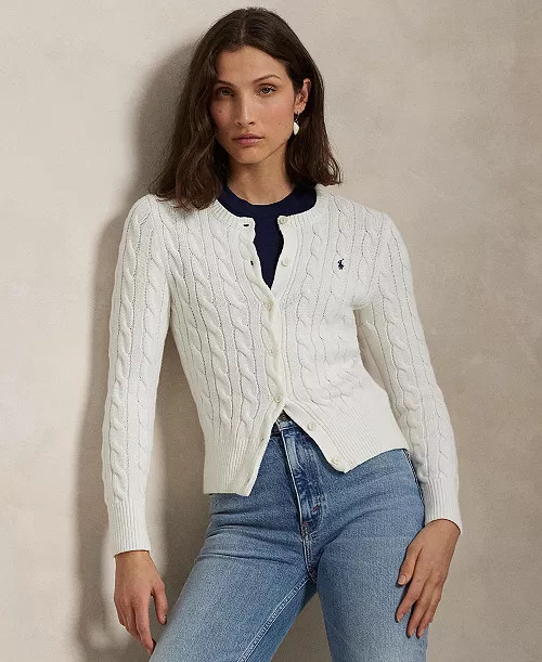 Women's Cable-Knit Cotton Crewneck Cardigan Sweater | Macy's