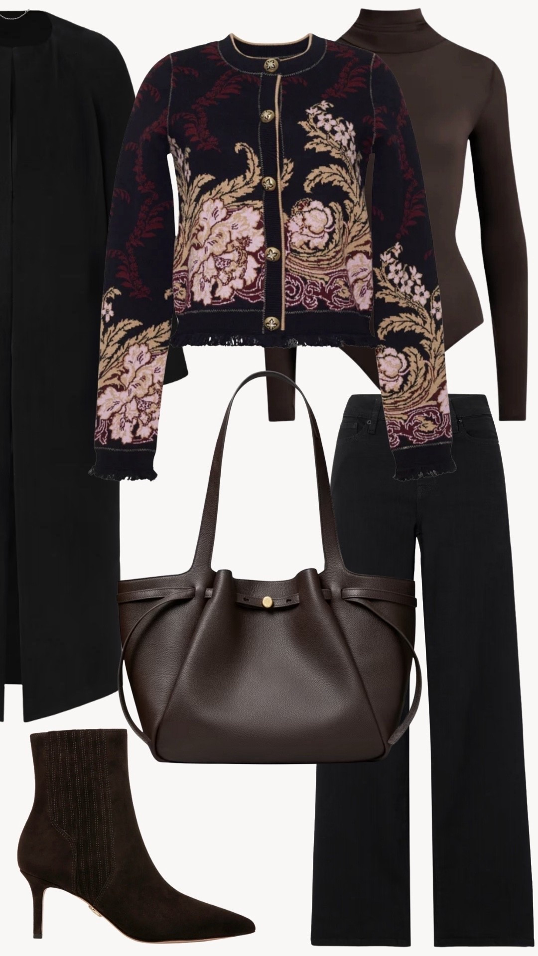 November Lookbook 🤎 Dressy style or desk to dinner with layers

black coat, black straight leg jeans, brown booties, dressy fall outfit, girls night outfit, day to night outfit, brown bodysuit, floral cardigan 

#LTKSeasonal