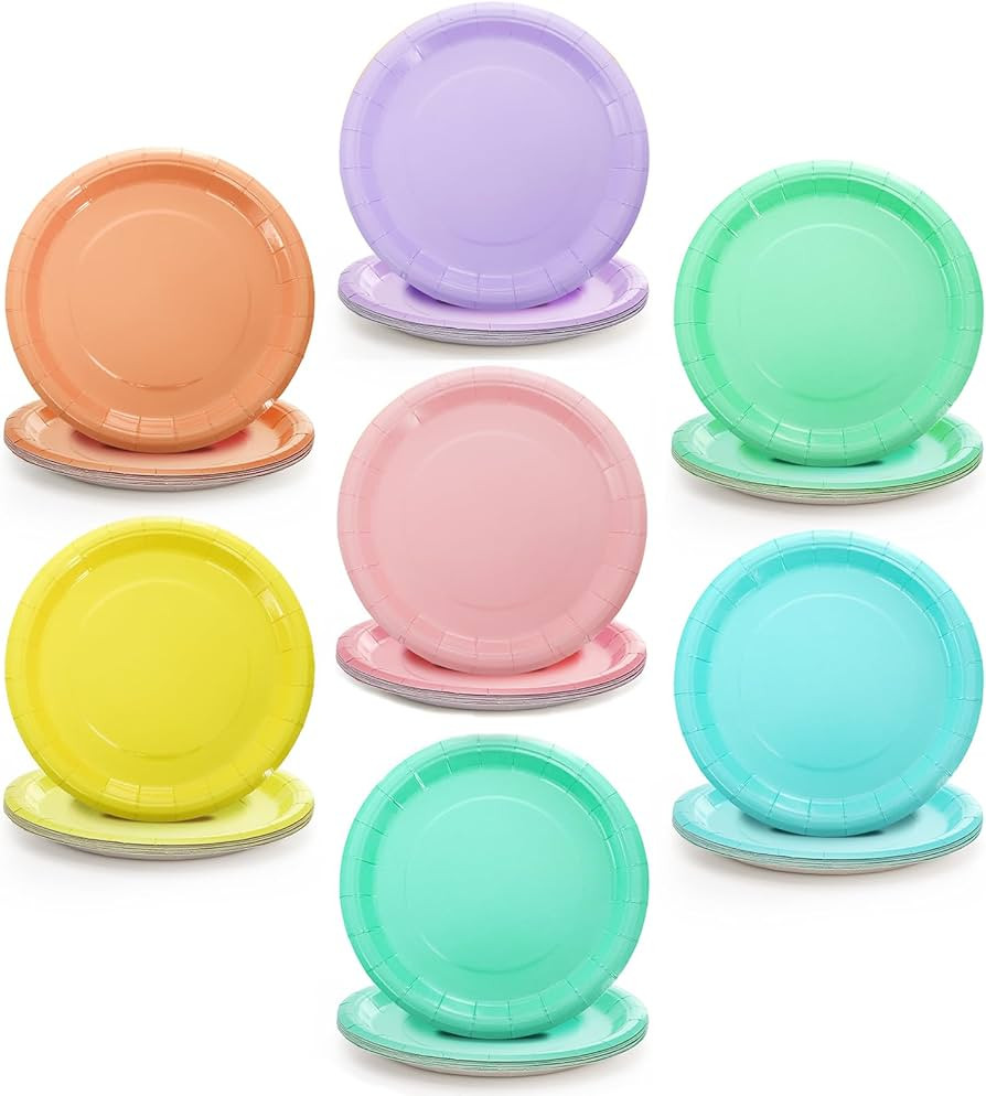 yarlung 112 Pcs 7 Inch Disposable Paper Plates, Pastel Party Plates Rainbow Macaron Dessert Plate... | Amazon (US)