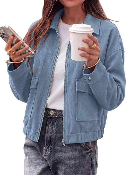 KIRUNDO Womens Faux Suede Jacket Zip Up Cropped Bomber Coats | Amazon (US)