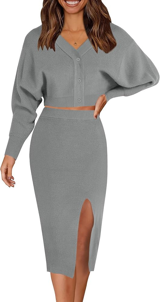 Caracilia Women Two Piece Outfits Sweater Sets Long Sleeve Knit Top and Bodycon Side Slit Midi Sk... | Amazon (US)