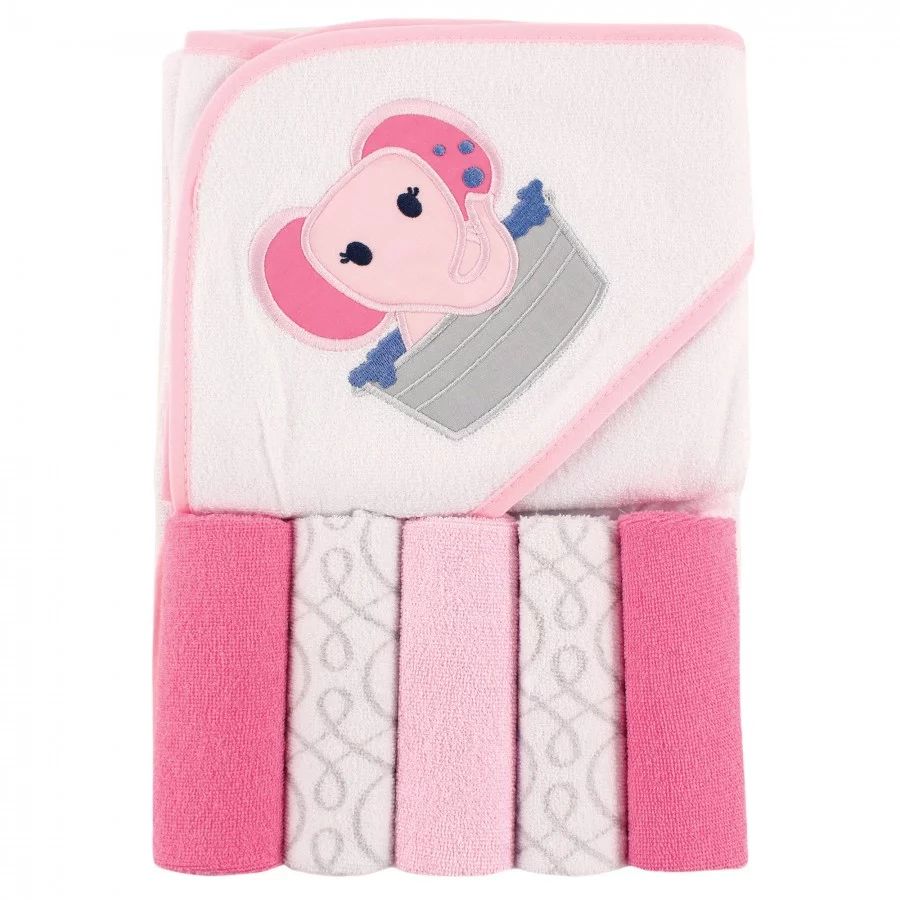 Luvable Friends Baby Girl Hooded Towel with Five Washcloths, Pink Elephant, One Size | Walmart (US)