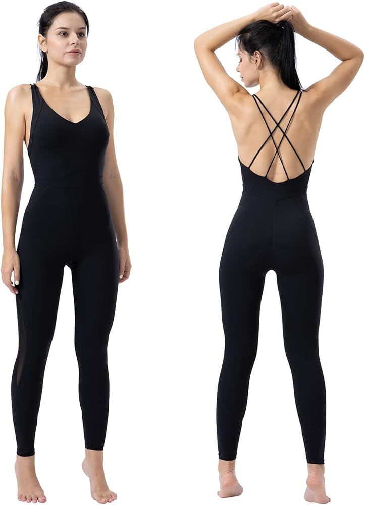 SUHKASANA Women’s Bodysuit Sleeveless Bodycon Rompers Backless Cross Jumpsuit Sports Gym Workout But | Amazon (US)