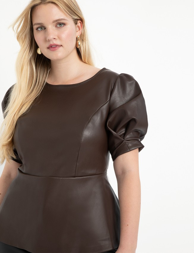 Faux Leather Puff Sleeve Peplum Top - Melted Chocolate | Eloquii