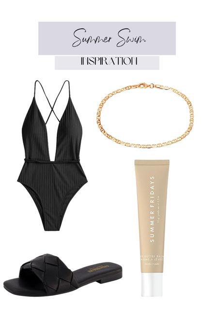 Summer swim inspiration, one piece swim, gold necklace, summer Fridays, slides, sandals 

#LTKSeasonal #LTKswim #LTKunder100