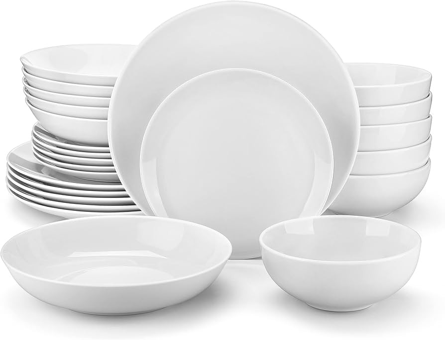 MALACASA 24-Piece Porcelain Dinnerware Set, White Round Dish Set for 6 | Amazon (US)