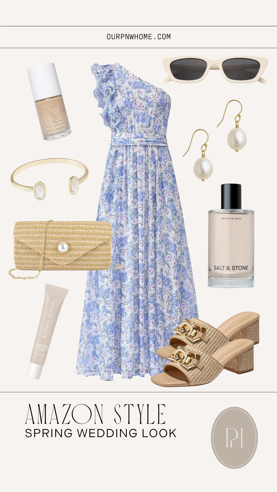 Spring wedding guest outfit finds from Amazon!

Blue floral dress, one-shoulder maxi dress, neutral block heel sandals, straw clutch, pearl drop earrings, gold accessories, spring wedding look, neutral nail polish, tan nail polish, straw crossbody bag, women's fragrance, perfume, neutral sandals, lip balm, white sunglasses, spring fashion, spring style, spring looks, spring outfit, Easter dress, Mother's Day dress 

 #LTKgrwm #LTKootd #LTKWedding