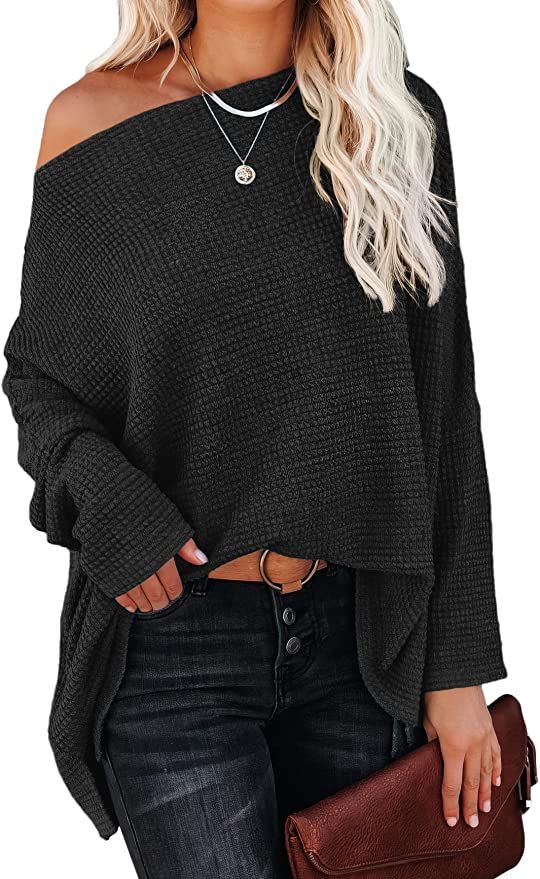 ANRABESS Women Casual Loose Off Shoulder Long Batwing Sleeve Waffle Knit Oversized Pullover Shirt... | Amazon (US)