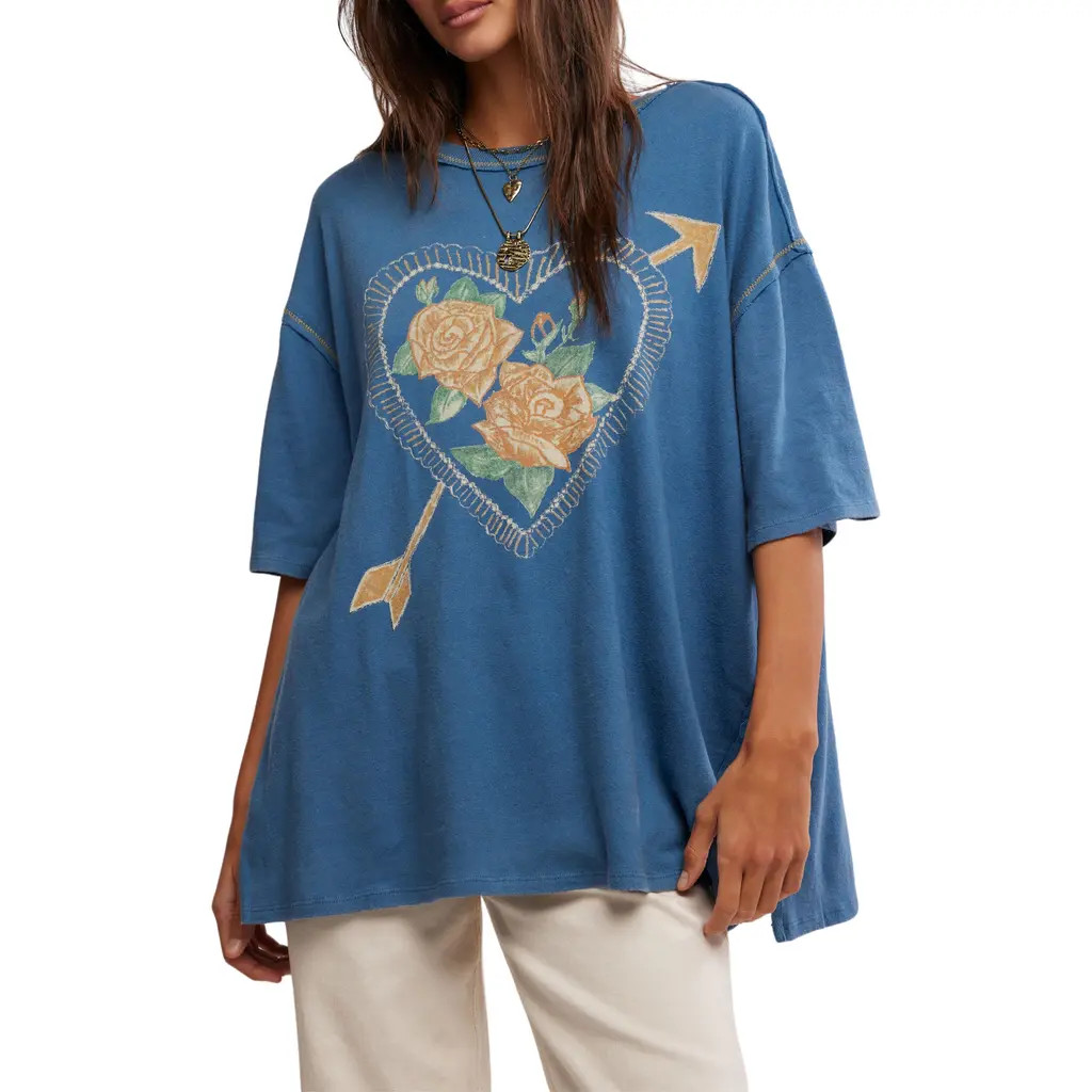 Free People Love Rose Oversize Graphic T-Shirt in Navy Combo at Nordstrom, Size Medium | Nordstrom