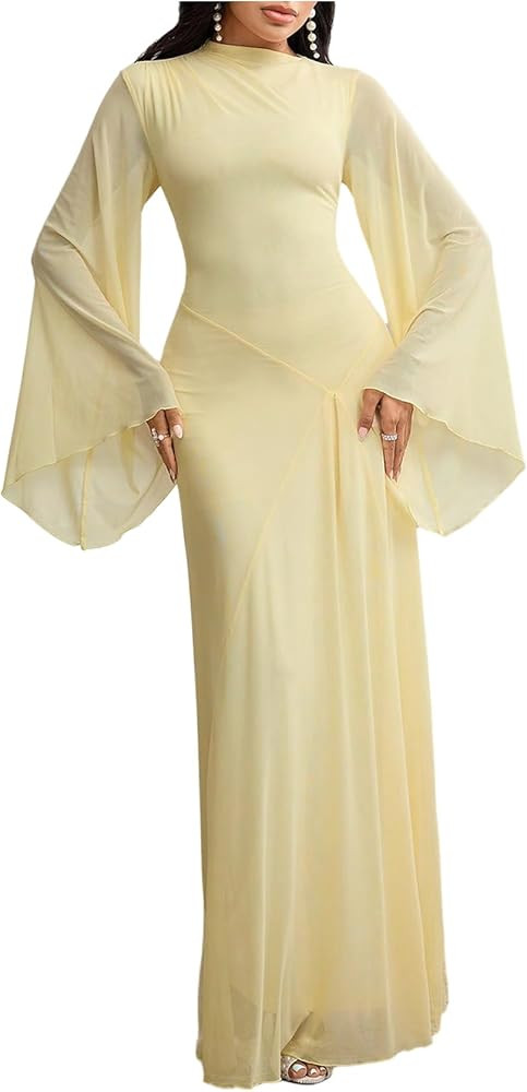 Milumia Women's Mock Neck Long Bell Sleeve Maxi Dress Elegant Ruched Ruffle Wedding Guest Dresses | Amazon (US)