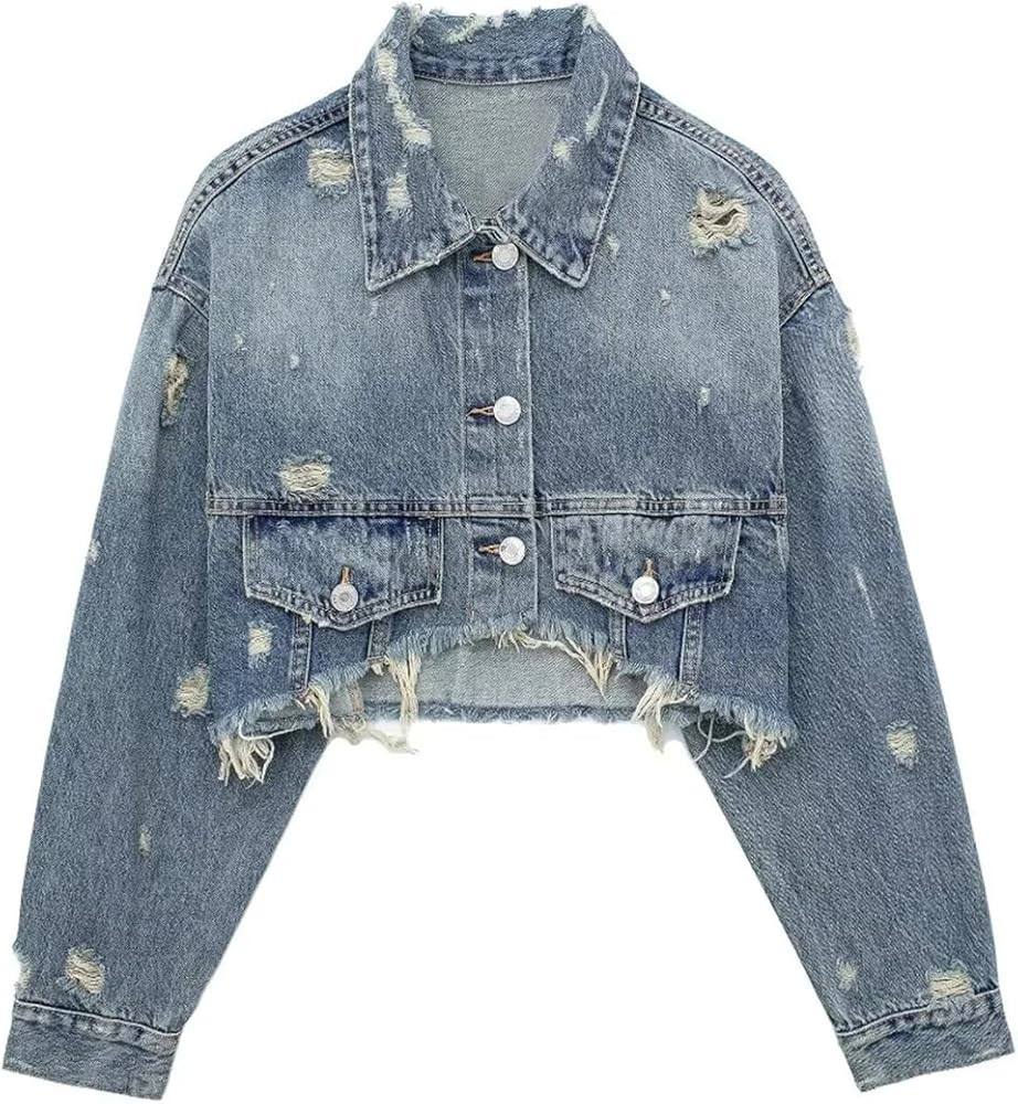 Women's Crop Denim Jacket Streetwear Long Sleeve Ripped Seamless Hem Versatile Female Coat | Amazon (US)