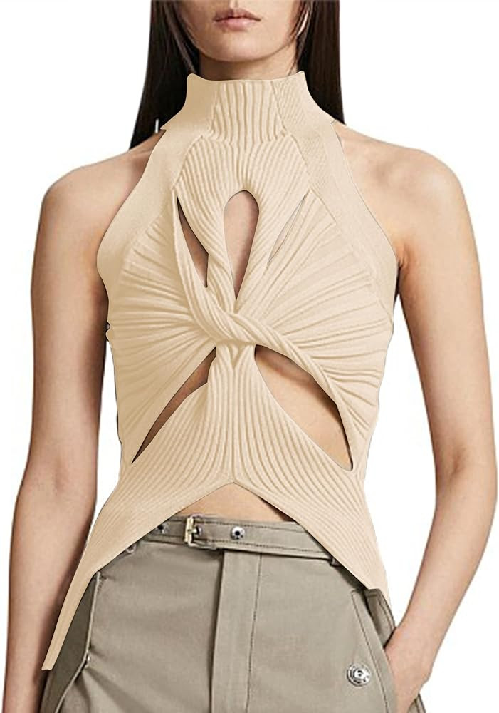 SAFRISIOR Women Sexy Hollow Out Twist Front Knitted Tank Tops Sleeveless High Neck Cut Out Sweate... | Amazon (US)