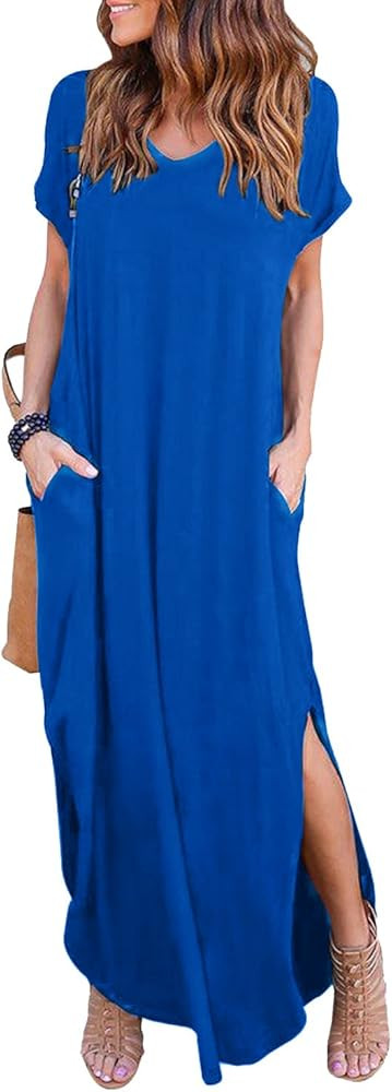 HUSKARY Women's Summer Maxi Dress Casual Loose Pockets Long Dress Short Sleeve Split | Amazon (US)