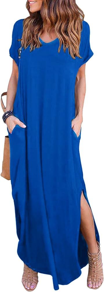 HUSKARY Women's Summer Maxi Dress Casual Loose Pockets Long Dress Short Sleeve Split | Amazon (US)