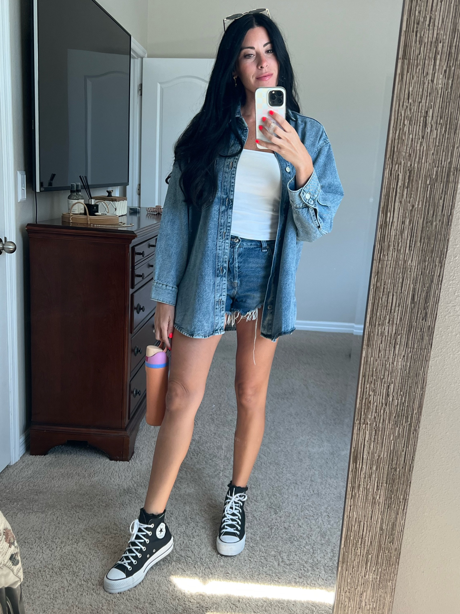 Denim 🤝 White 

*sized up to a large in the crop top for length & wearing a medium in the denim oversized shirt 