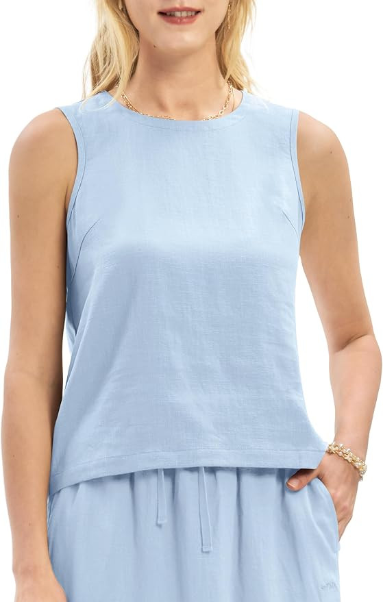Women Linen Tank Top Crew Neck Sleeveless Tops Loose Fit Casual Tank Tops for Summer Beach | Amazon (US)