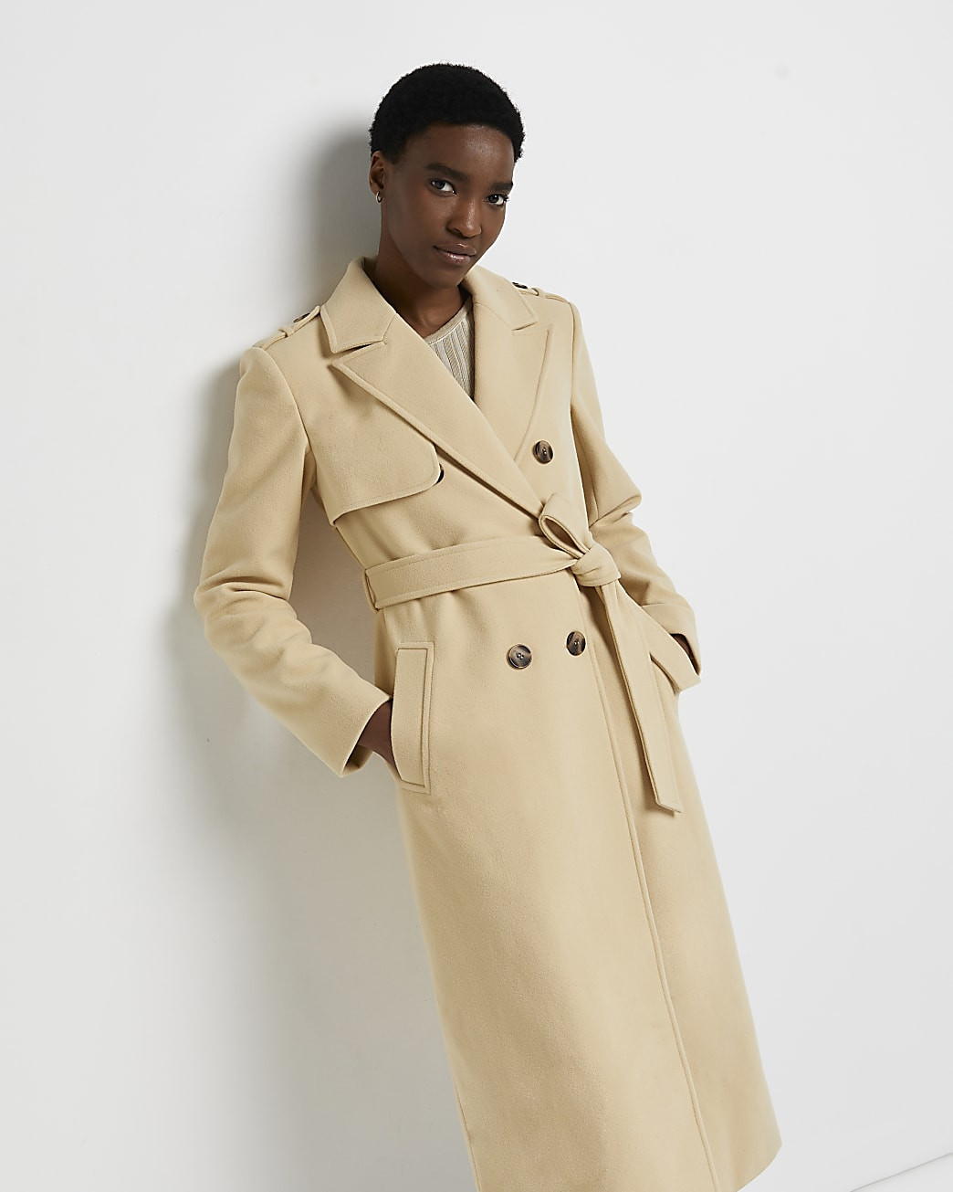 Cream double breasted belted trench coat | River Island (UK & IE)