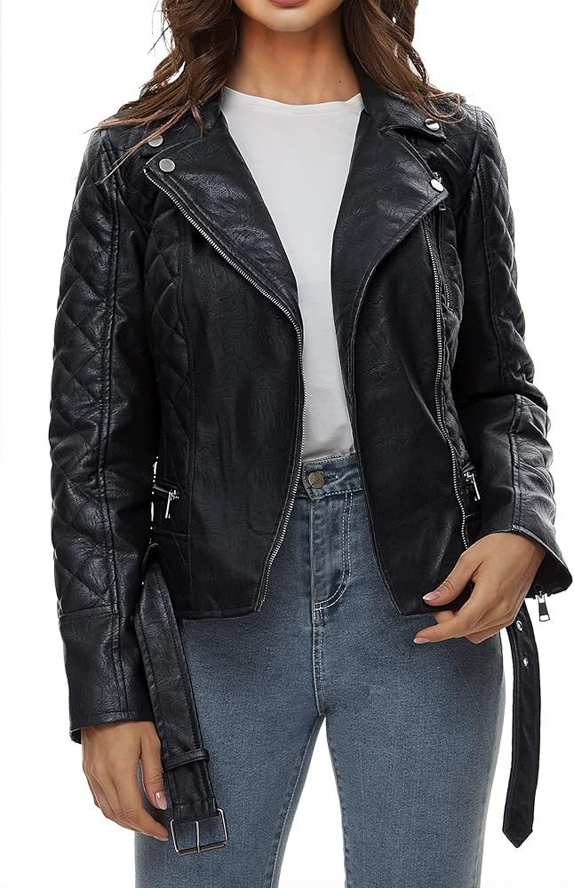 Fahsyee Women Leather Jackets, Faux Motorcycle Plus Size Moto Biker Coat Short Lightweight Vegan ... | Amazon (US)