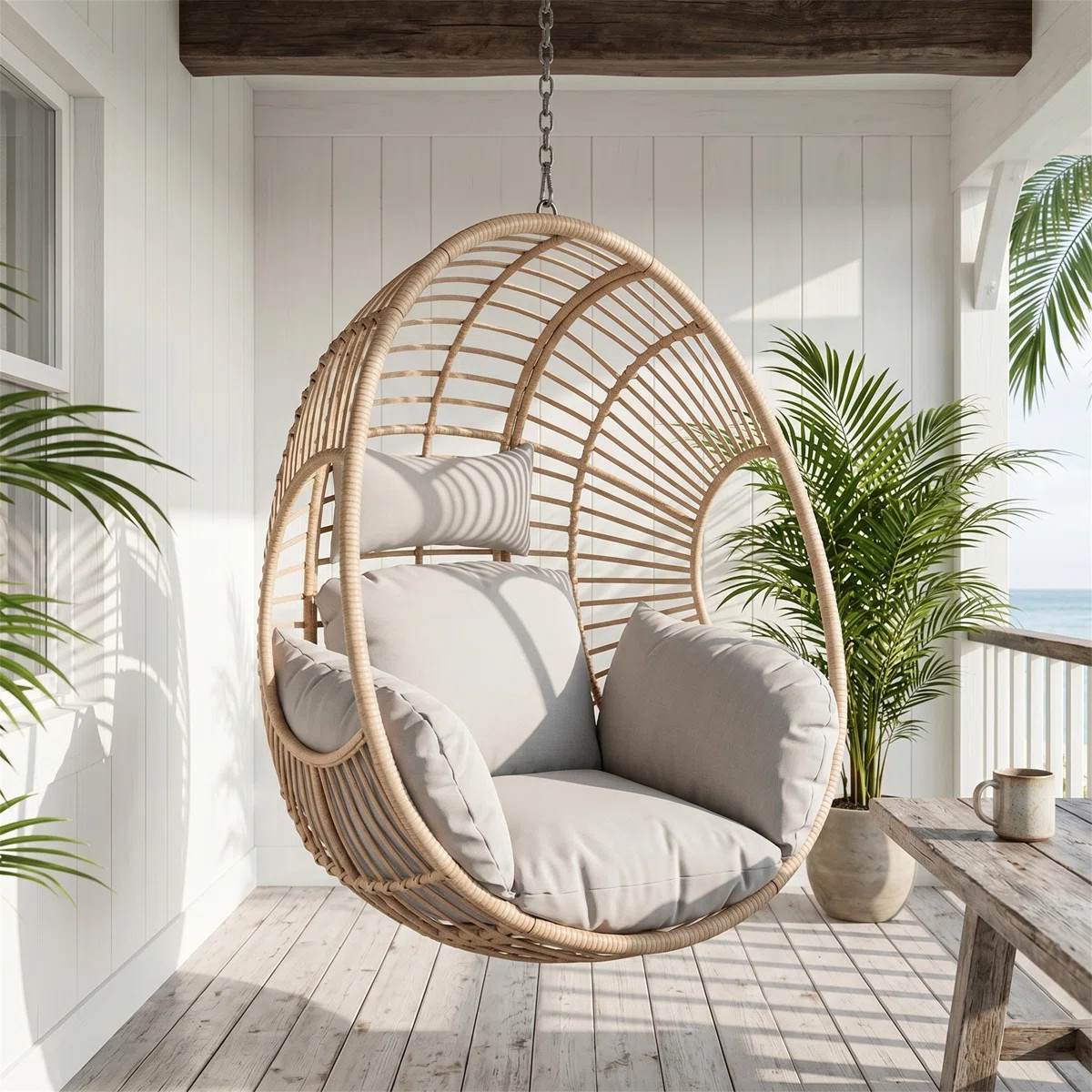 Hand-Woven Egg Swing Chair (Natural Wood Color) \u2013 All-Weather PE Wicker, Thick Cushion, Remo... | Wayfair North America